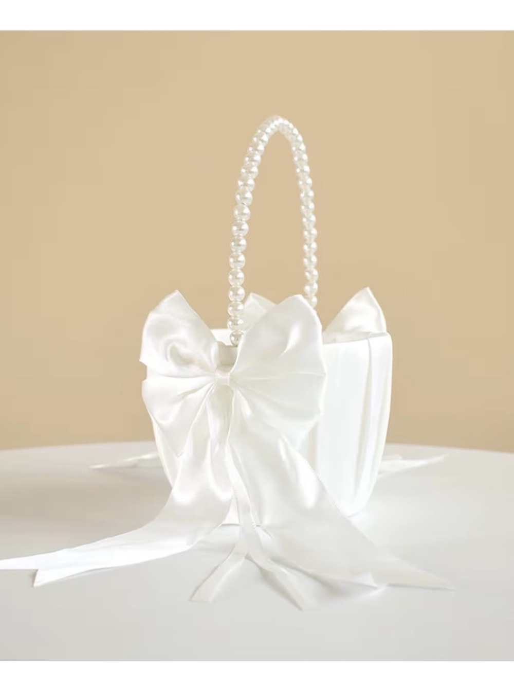 White Satin Bow Pearl Handle Flower Girl Wedding Basket